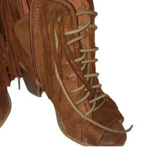 Brown Fringe Lace and zip up Heeled Boots Western Boho Suede Open Toe